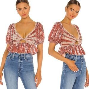 Free People Yours Truly Velvet Lace Trim Low Cut V Neck Crop Top Size Small